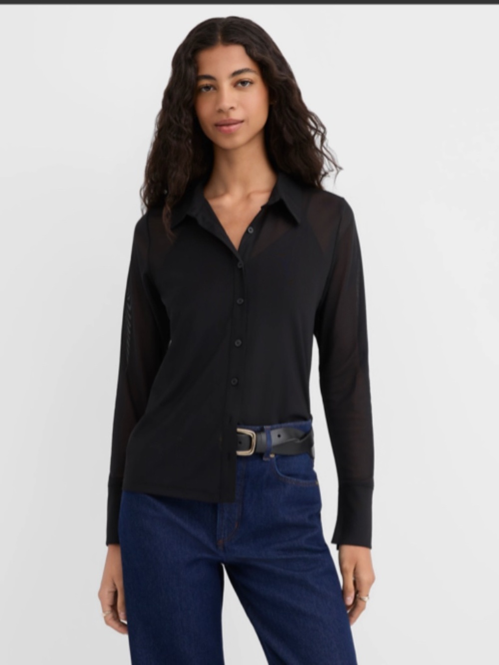 NWT LOFT Black Sheer Mesh Long Sleeve Button Up Shirt Blouse Top Y2K Office Work